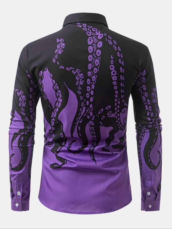 Men's Octopus Print Long Sleeve Shirt, Regular Fit Casual Street Soft Comfy Long Shirt for Spring & Fall, Men's Top for Daily Wear