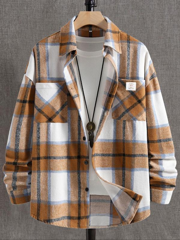 Men's Plaid Print Button Front Pocket Patched Shirt Jacket, Loose Casual Long Sleeve Collared Outerwear for Fall & Winter, Men's Clothes for Daily Wear