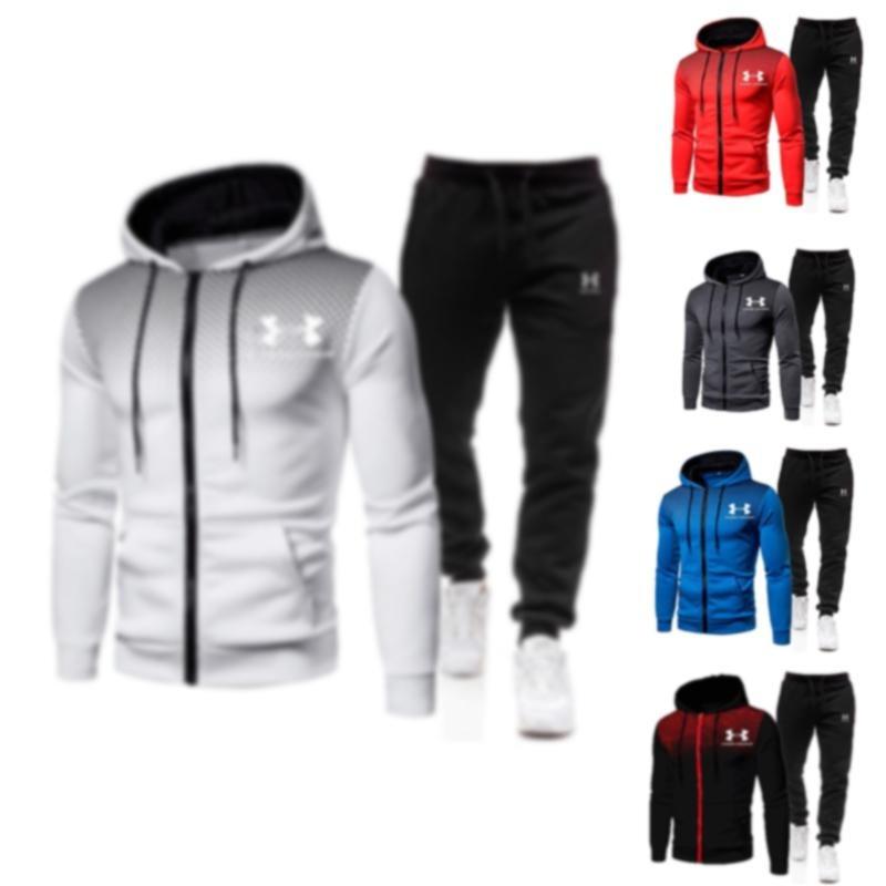 Promotion! New 2024 Under Armourr Men's Tracksuit Fitness Set Casual Hooded Tracksuit Pants Two Piece Running Basketball Set Zip Casual Tracksuit Long Pants