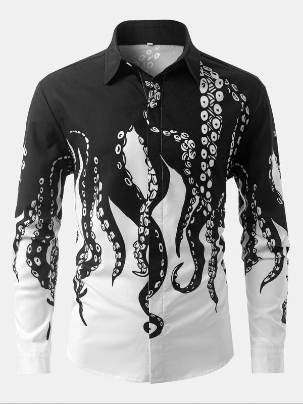 Men's Octopus Print Long Sleeve Shirt, Regular Fit Casual Street Soft Comfy Long Shirt for Spring & Fall, Men's Top for Daily Wear