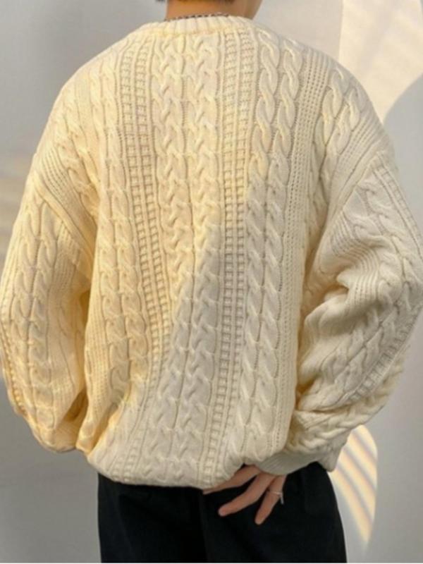  Solid Drop Shoulder Knit Sweater, Casual Long Sleeve Round Neck Jumper for Fall & Winter, Men's Knitwear for Daily Wear