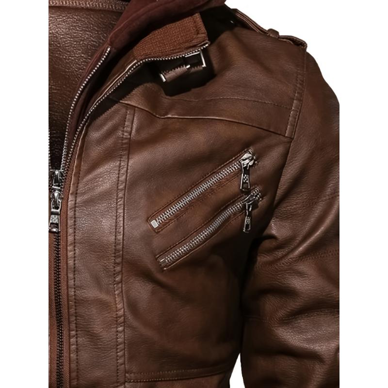 Mens Fashionable Hooded Jacket - Faux Leather, Utility Pockets, Versatile for All Seasons