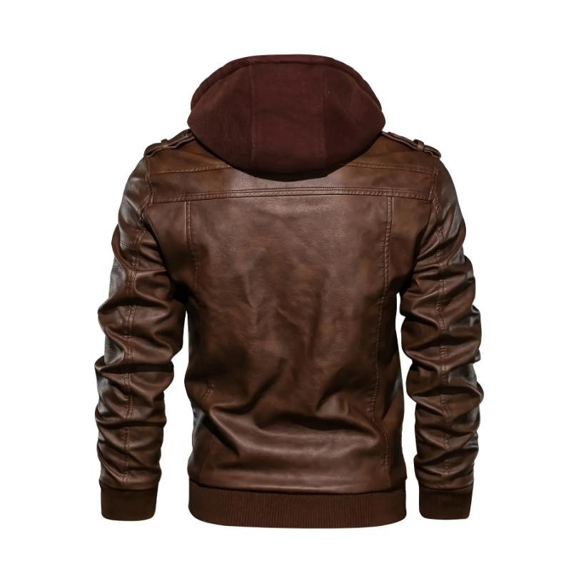 Mens Fashionable Hooded Jacket - Faux Leather, Utility Pockets, Versatile for All Seasons