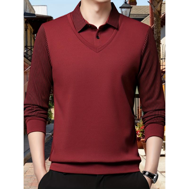 Mens Long-Sleeve Striped Golf Shirt with Popover Collar and Slight Stretch - Breathable, Casual, and Comfortable for Spring Fall Daily Wear - Polyester and Elastane Blend, Hand Washable, Regular Fit