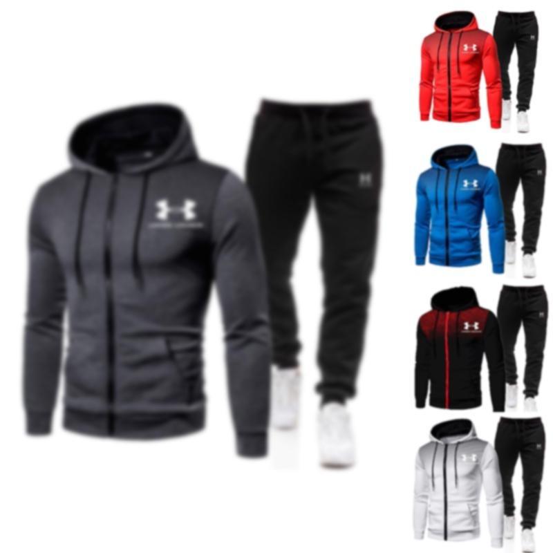 Promotion! New 2024 Under Armourr Men's Tracksuit Fitness Set Casual Hooded Tracksuit Pants Two Piece Running Basketball Set Zip Casual Tracksuit Long Pants