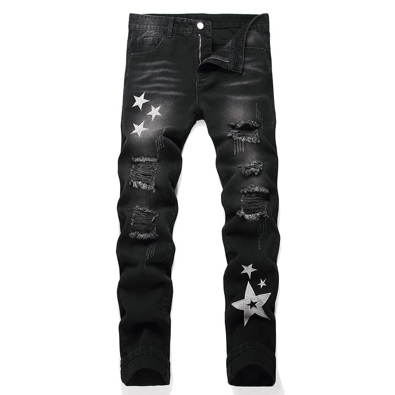 Men's Star Print Ripped Jeans - Trendy Slim Fit with Frayed Rag Stitching, Casual Cotton Denim Fabric Menswear Soft Aesthetic