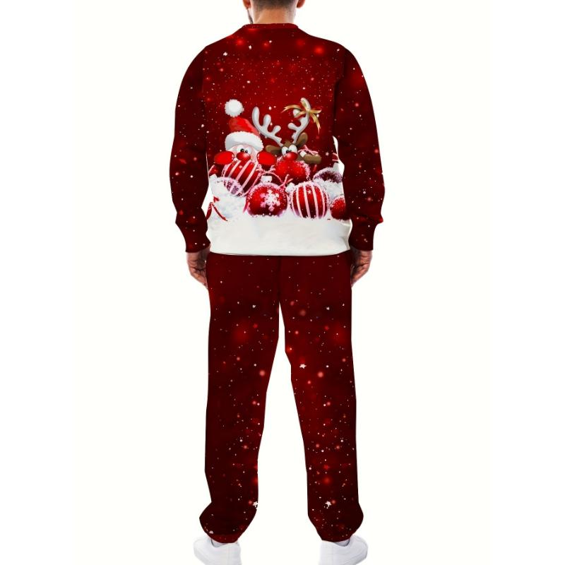 Men's Festive Christmas 2pcs Set: Santa & Reindeer Print Sweatshirt and Joggers - Cozy Polyester, Casual Style for Fall Winter