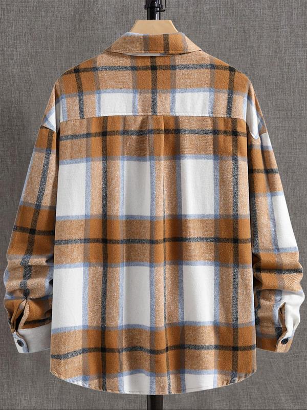 Men's Plaid Print Button Front Pocket Patched Shirt Jacket, Loose Casual Long Sleeve Collared Outerwear for Fall & Winter, Men's Clothes for Daily Wear