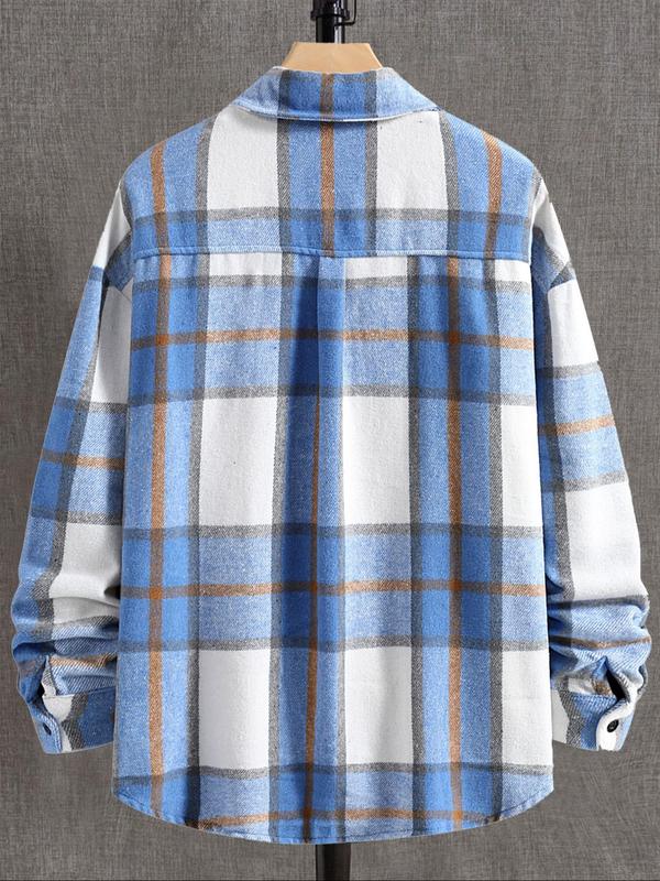 Men's Plaid Print Button Front Pocket Patched Shirt Jacket, Loose Casual Long Sleeve Collared Outerwear for Fall & Winter, Men's Clothes for Daily Wear