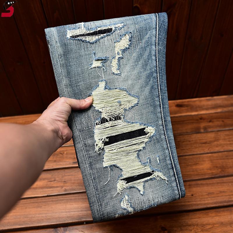 2024 personality Street jeans men's fall slim fit skinny fashion fashion ripped patch scrape denim trousers