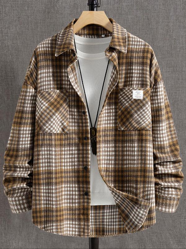 Men's Plaid Print Button Front Pocket Patched Shirt Jacket, Loose Casual Long Sleeve Collared Outerwear for Fall & Winter, Men's Clothes for Daily Wear