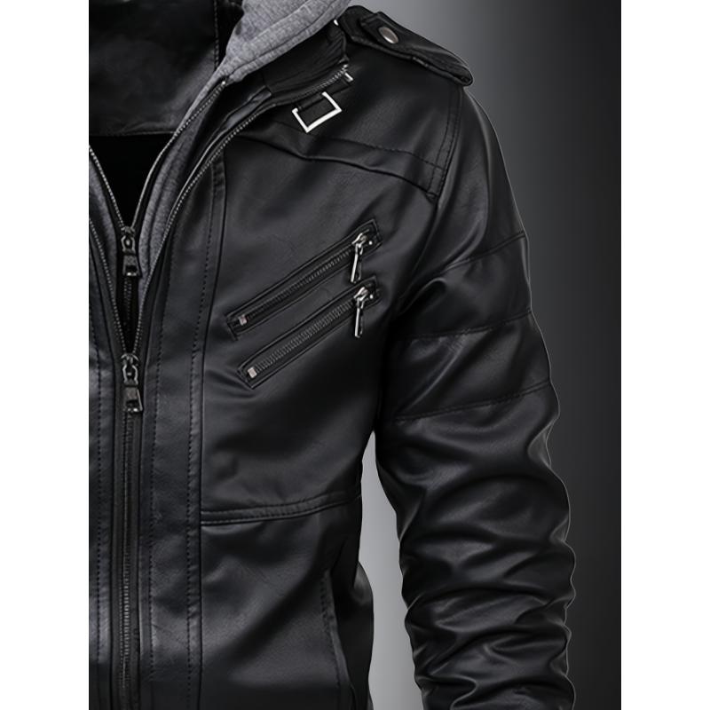 Mens Fashionable Hooded Jacket - Faux Leather, Utility Pockets, Versatile for All Seasons