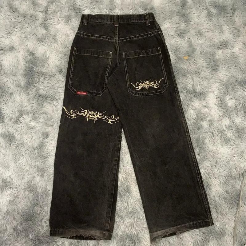 Street Men's Wear Loose Jeans Embroidered Black Jeans Men's and Women's Gothic Wide Leg Jeans