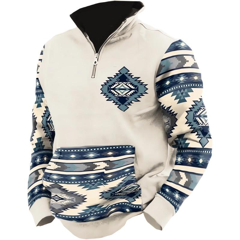 Sweatshirts for Men Retro Ethnic Western Half Zipper Long Sleeve Stand Collar Tops