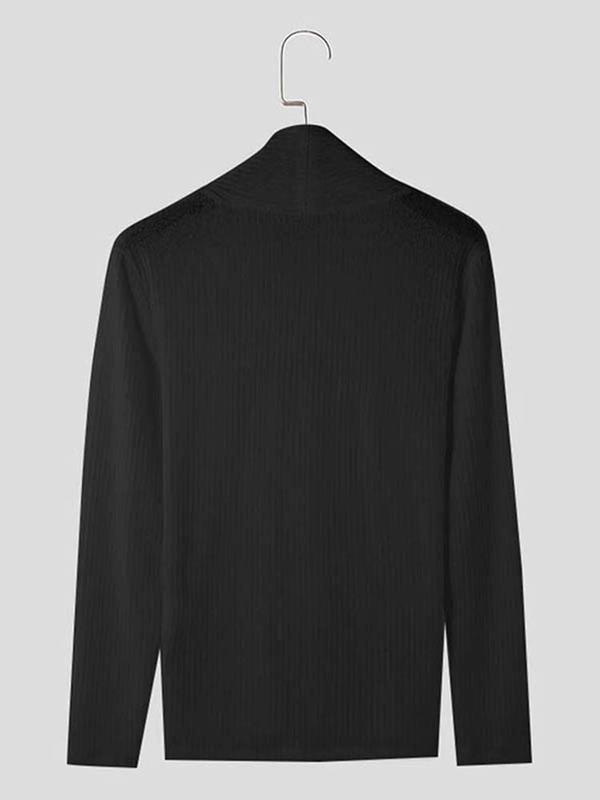 Men's Solid Cowl Neck Ribbed Knit Top, Regular Fit Casual Long Sleeve Top for Fall & Winter, Men's Knitwear for Daily Wear