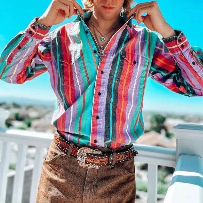 , the new Western cowboy men's and women's striped casual long-sleeve shirts are this year's popular high versatile style with pockets. The men's retro print loose long-sleeve shirts are striped casual shirts.