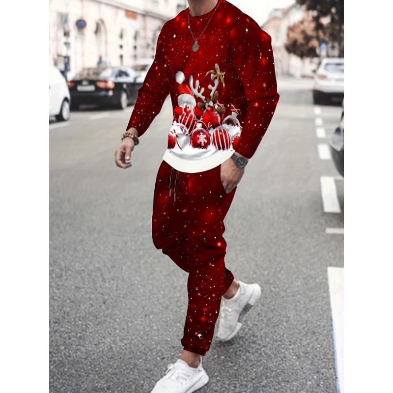 Men's Festive Christmas 2pcs Set: Santa & Reindeer Print Sweatshirt and Joggers - Cozy Polyester, Casual Style for Fall Winter