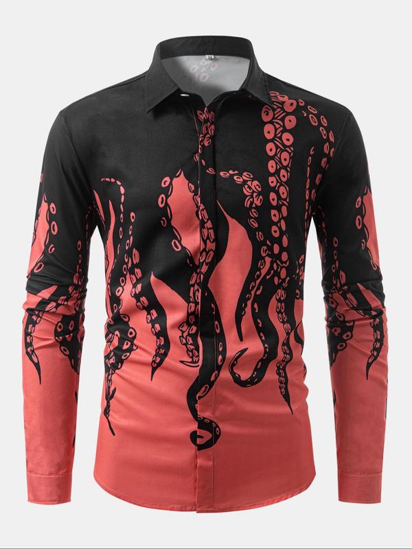 Men's Octopus Print Long Sleeve Shirt, Regular Fit Casual Street Soft Comfy Long Shirt for Spring & Fall, Men's Top for Daily Wear