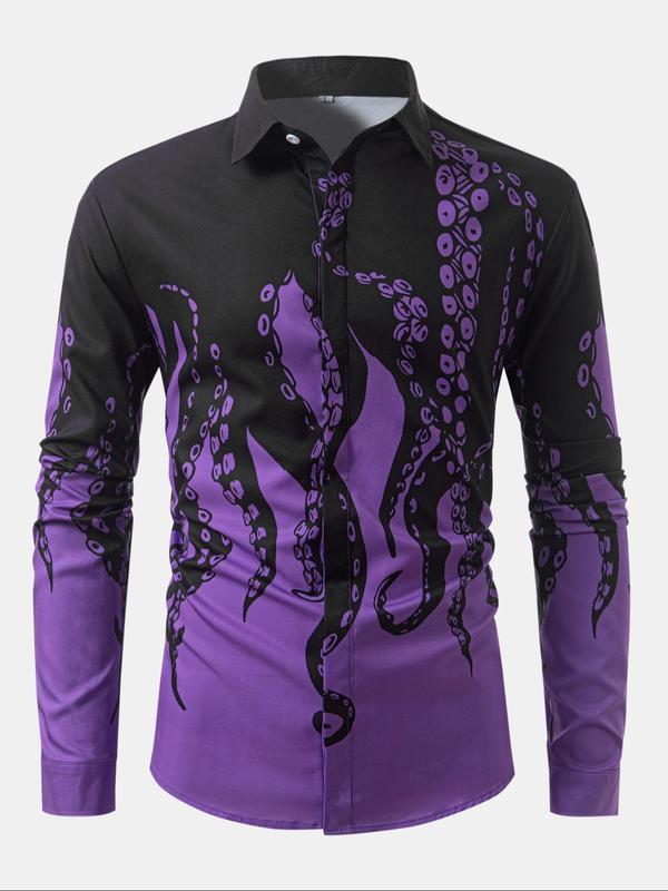 Men's Octopus Print Long Sleeve Shirt, Regular Fit Casual Street Soft Comfy Long Shirt for Spring & Fall, Men's Top for Daily Wear