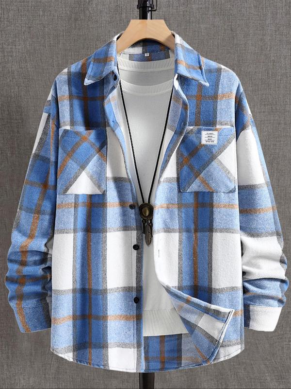 Men's Plaid Print Button Front Pocket Patched Shirt Jacket, Loose Casual Long Sleeve Collared Outerwear for Fall & Winter, Men's Clothes for Daily Wear