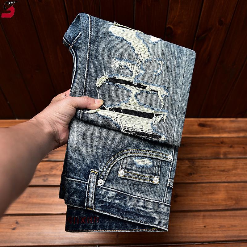 2024 personality Street jeans men's fall slim fit skinny fashion fashion ripped patch scrape denim trousers