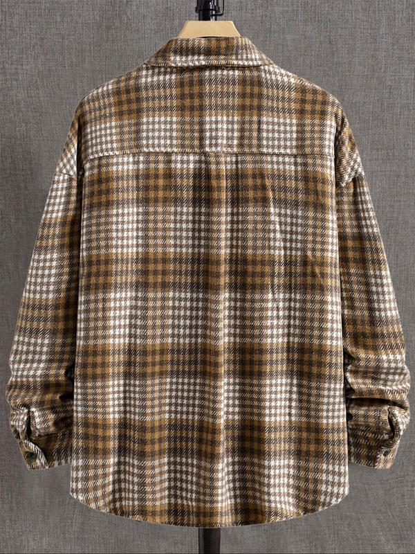 Men's Plaid Print Button Front Pocket Patched Shirt Jacket, Loose Casual Long Sleeve Collared Outerwear for Fall & Winter, Men's Clothes for Daily Wear