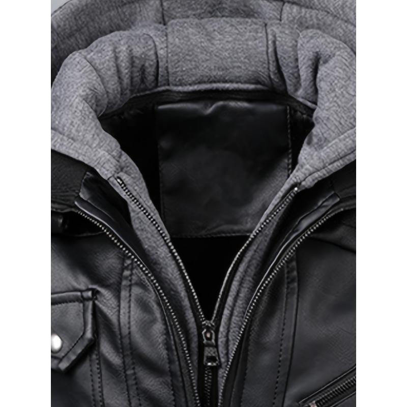 Mens Fashionable Hooded Jacket - Faux Leather, Utility Pockets, Versatile for All Seasons