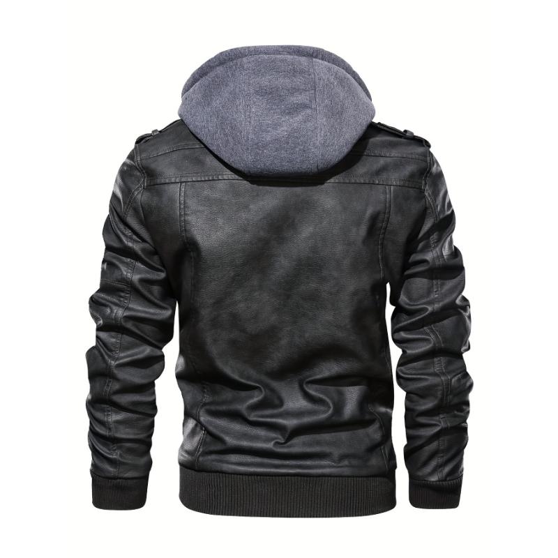 Mens Fashionable Hooded Jacket - Faux Leather, Utility Pockets, Versatile for All Seasons