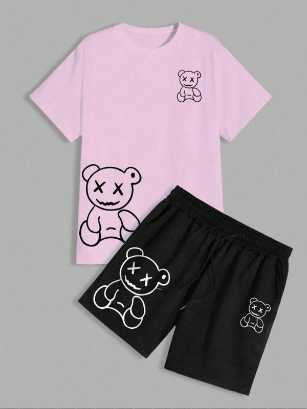 Men's Regular Fit Bear Print Short Sleeve Tee & Drawstring Pocket Shorts Set, Casual Streetwear Round Neck T-shirt & Elastic Waist Track Shorts, Fashion Men's Two-piece Outfits for Summer