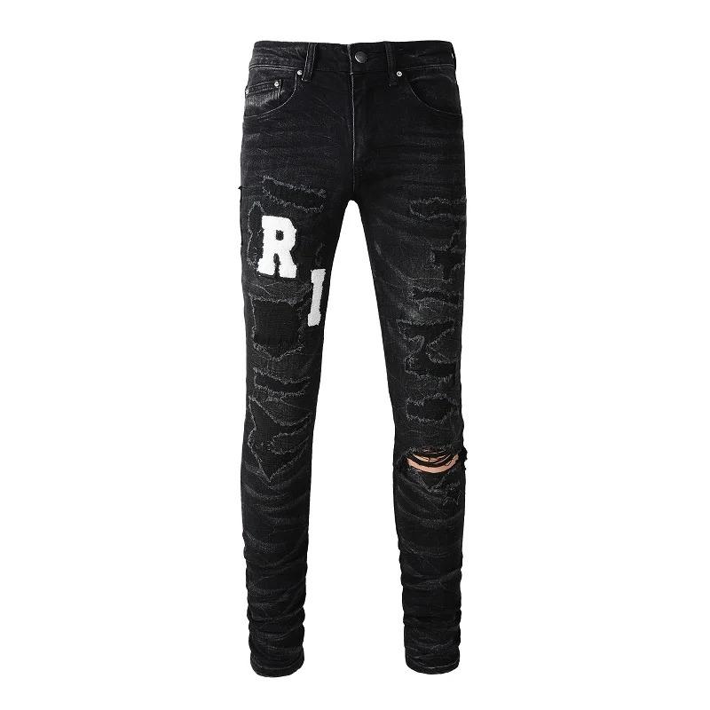 Men's High Street Black Jeans Embroidered Letters Skinny Stretch Jeans