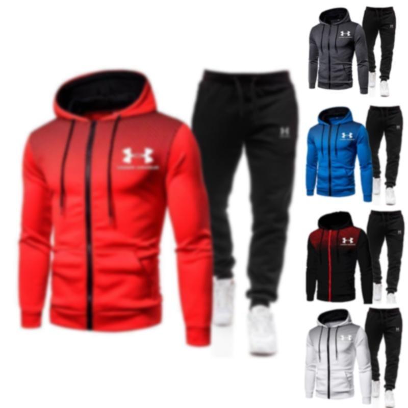 Promotion! New 2024 Under Armourr Men's Tracksuit Fitness Set Casual Hooded Tracksuit Pants Two Piece Running Basketball Set Zip Casual Tracksuit Long Pants