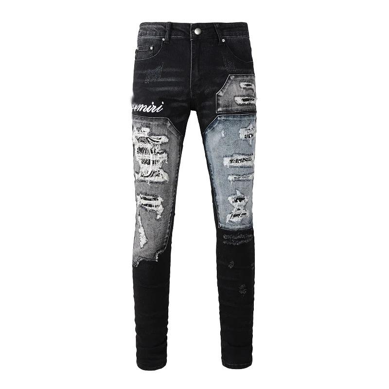 Men's High Street Black Jeans Embroidered Letters Skinny Stretch Jeans