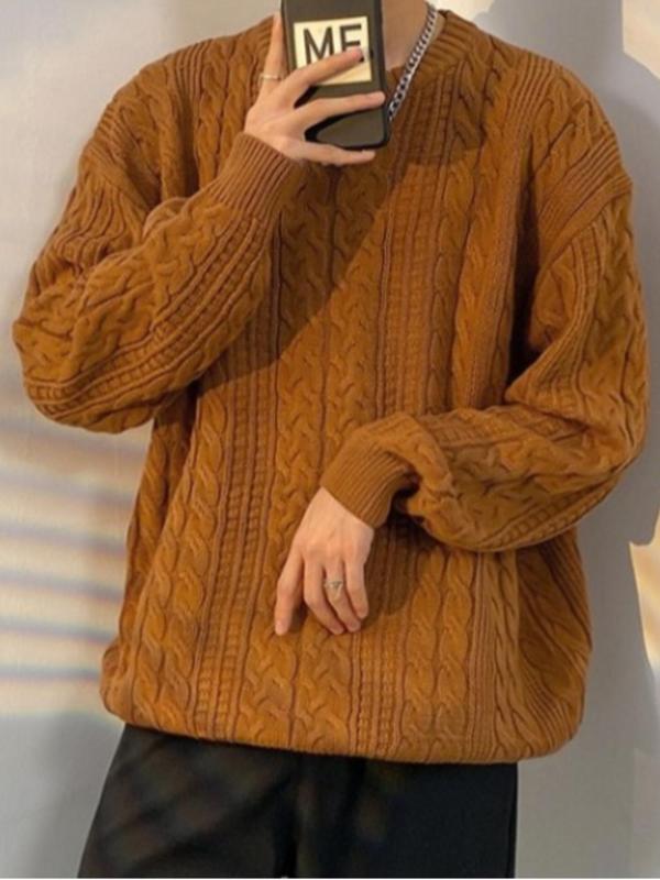  Solid Drop Shoulder Knit Sweater, Casual Long Sleeve Round Neck Jumper for Fall & Winter, Men's Knitwear for Daily Wear