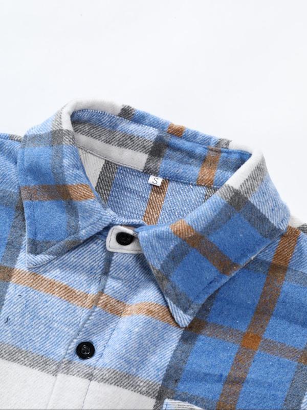 Men's Plaid Print Button Front Pocket Patched Shirt Jacket, Loose Casual Long Sleeve Collared Outerwear for Fall & Winter, Men's Clothes for Daily Wear