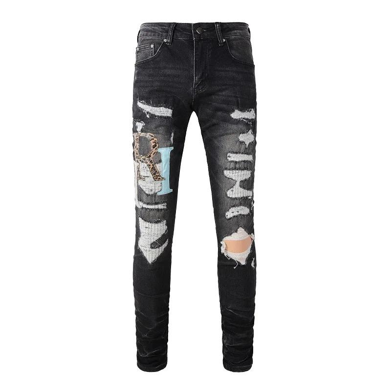 Men's High Street Black Jeans Embroidered Letters Skinny Stretch Jeans