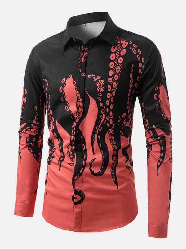 Men's Octopus Print Long Sleeve Shirt, Regular Fit Casual Street Soft Comfy Long Shirt for Spring & Fall, Men's Top for Daily Wear