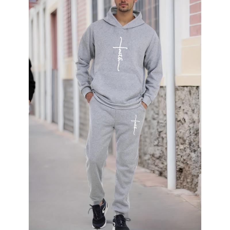 Men's Fall Winter Thickened Hoodie Set, Polyester Athletic Jumpsuit with Faith Letter Print, Long Sleeve Casual Pullover, Outdoor Sports Sweatshirt and Pants, Loose Fit with Pockets