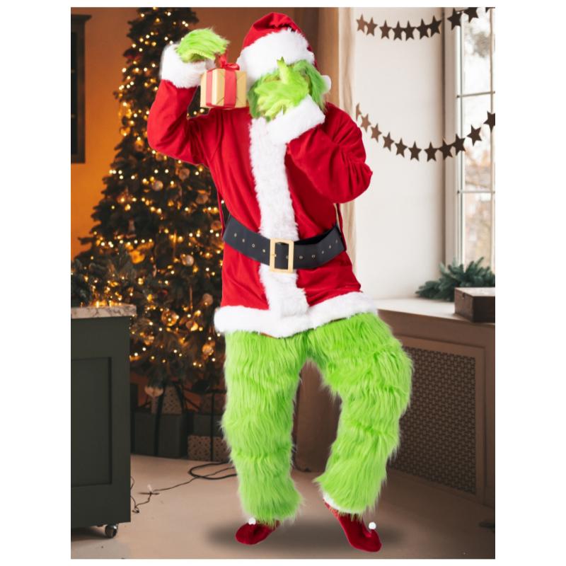 Christmas Costume for Men Adult Green Big Monster Santa Suit 7PCS Mens Deluxe Furry Halloween Xmas Cosplay Outfit Set Fabric Menswear Clothing Collar