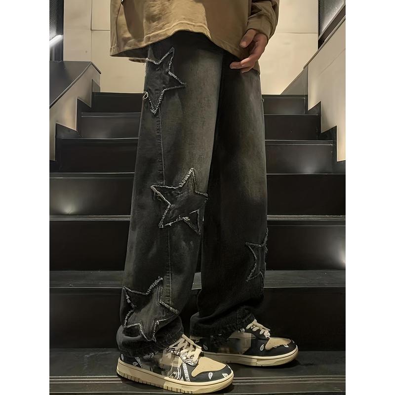 Men's Loose Wide Leg Jeans, Fashion Embroidery XINGX Pattern, Men's Fashion Comfortable Jeans, Street Style Fashion