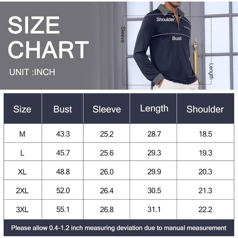 Men's Casual Polo Shirts Long Sleeve Golf Shirts Button T-Shirt Color Block Basic Tops with Decorative Pocket