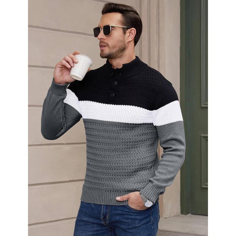 Men's Tri-Button Pullover Sweater Mock Neck Lightweight Casual Fashion Knitted Henley Sweater knit sweater