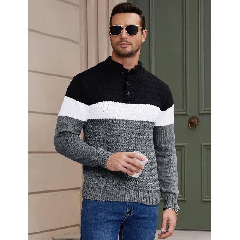 Men's Tri-Button Pullover Sweater Mock Neck Lightweight Casual Fashion Knitted Henley Sweater knit sweater