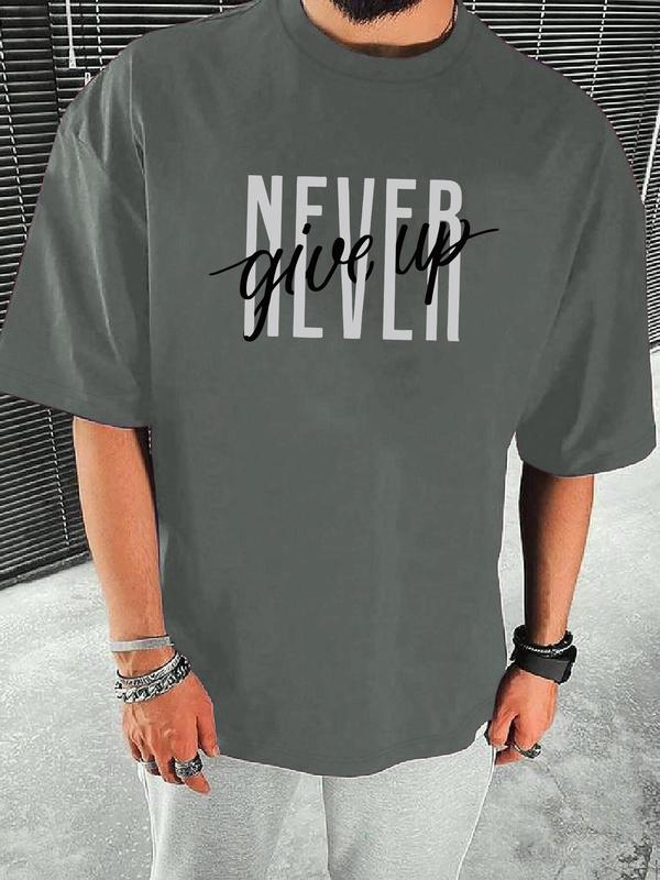 Men's Loose Letter Print Round Neck Drop Shoulder Tee, Casual Streetwear Short Sleeve Crew Neck T-shirt for Summer, Graphic Tees, Fashion Men's Top for Daily Wear