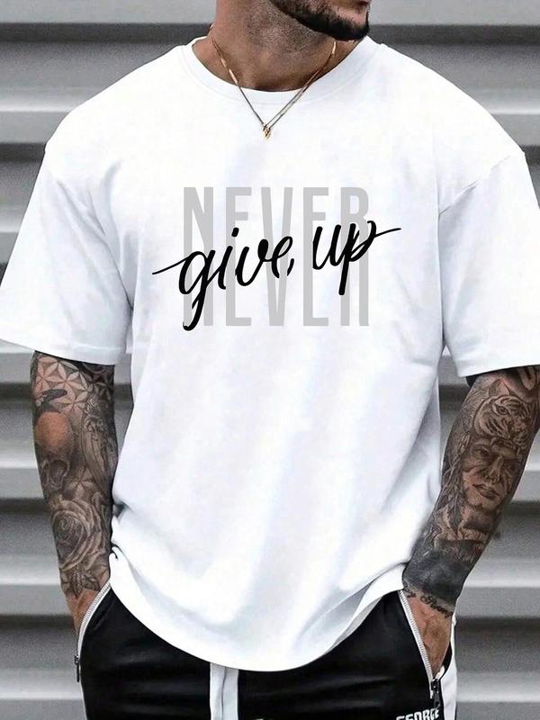 Men's Loose Letter Print Round Neck Drop Shoulder Tee, Casual Streetwear Short Sleeve Crew Neck T-shirt for Summer, Graphic Tees, Fashion Men's Top for Daily Wear