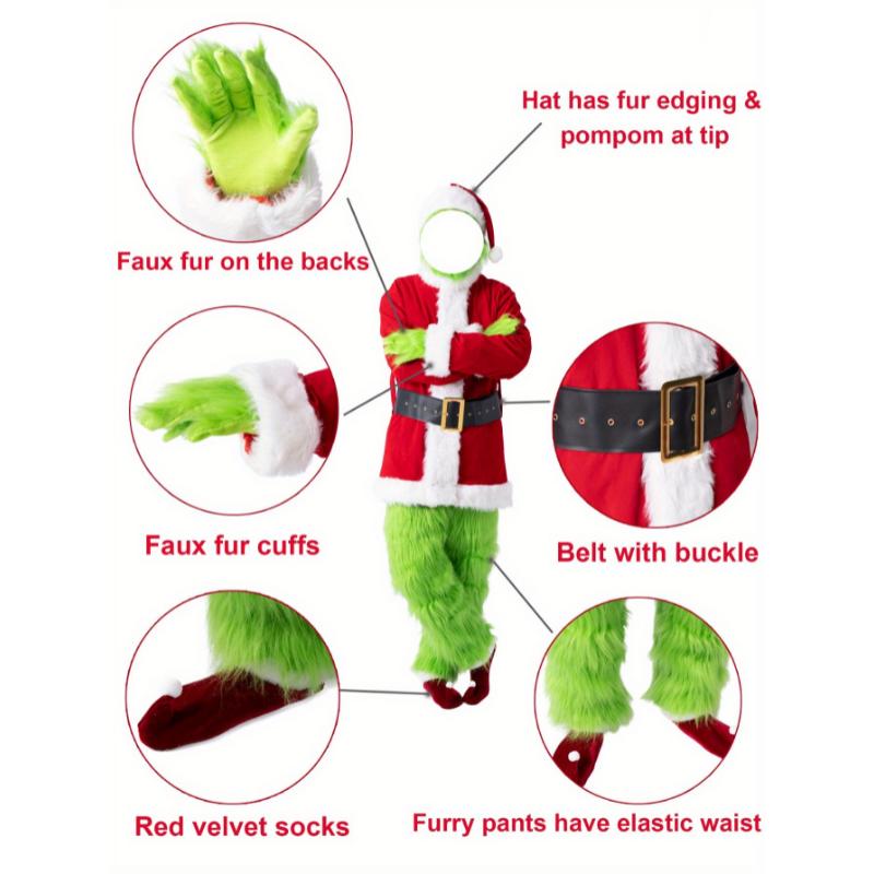 Christmas Costume for Men Adult Green Big Monster Santa Suit 7PCS Mens Deluxe Furry Halloween Xmas Cosplay Outfit Set Fabric Menswear Clothing Collar