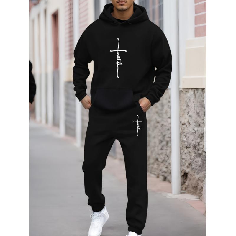 Men's Fall Winter Thickened Hoodie Set, Polyester Athletic Jumpsuit with Faith Letter Print, Long Sleeve Casual Pullover, Outdoor Sports Sweatshirt and Pants, Loose Fit with Pockets