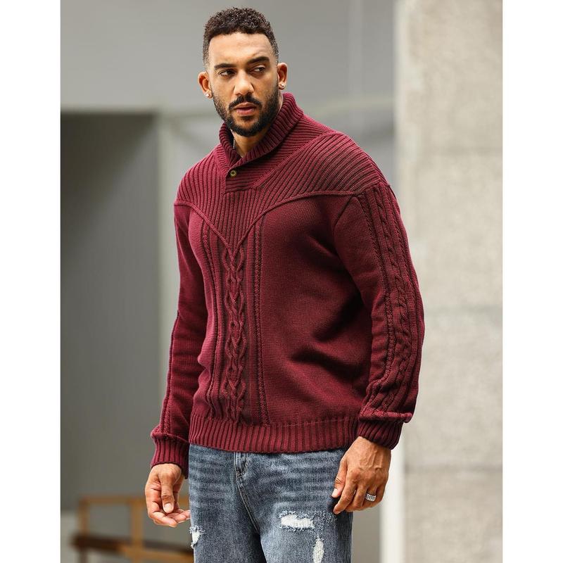 Men's Shawl Collar Pullover Sweater Casual Button Cable Knit Sweaters