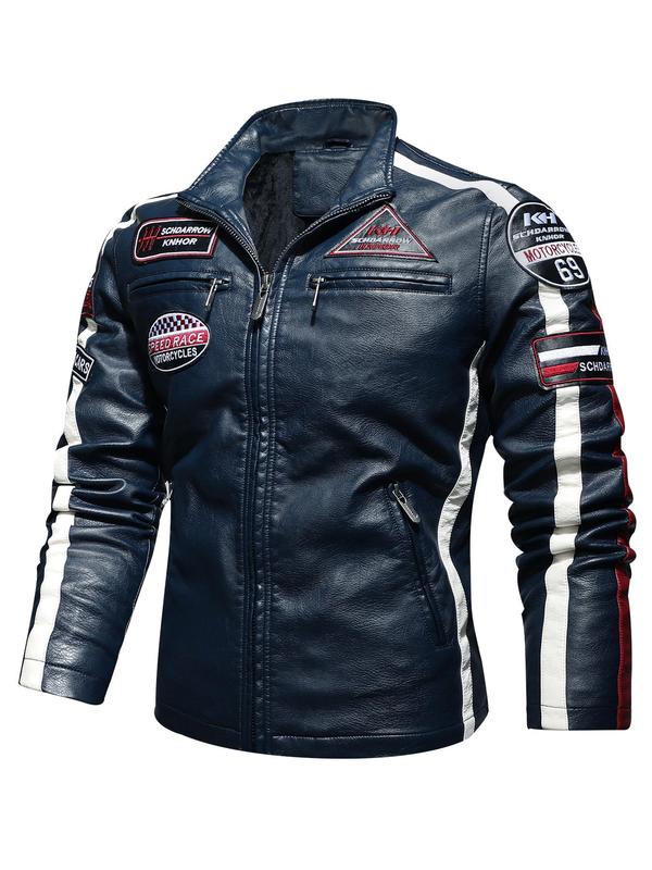 Men's Letter Patched Zip Up Pocket Side Stripe PU Leather Jacket, Regular Fit Street Funnel Neck Motorcycle Racing Outerwear, Fall & Winter Clothes