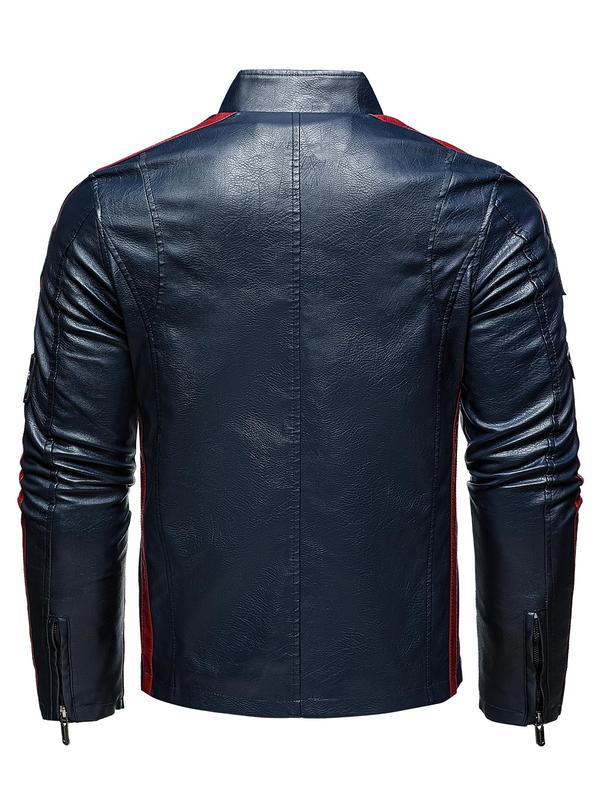 Men's Letter Patched Zip Up Pocket Side Stripe PU Leather Jacket, Regular Fit Street Funnel Neck Motorcycle Racing Outerwear, Fall & Winter Clothes