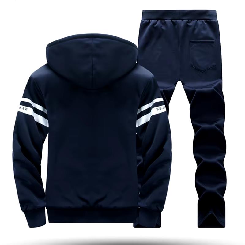 Autumn Men Jacket Set Stripe Fashion Warm Male Hooded Coat Trends Versatile Top Clothes Locomotive Letter Printing Casual Pants no brand Men's Contrast